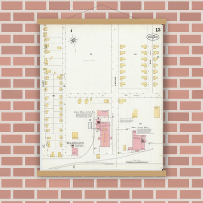 Old map wall art mockup — magnetic wood frame on brick wall — Sanborn Fire Insurance Map from Goldsboro, Wayne County, North Carolina (1901), Sheet #0013