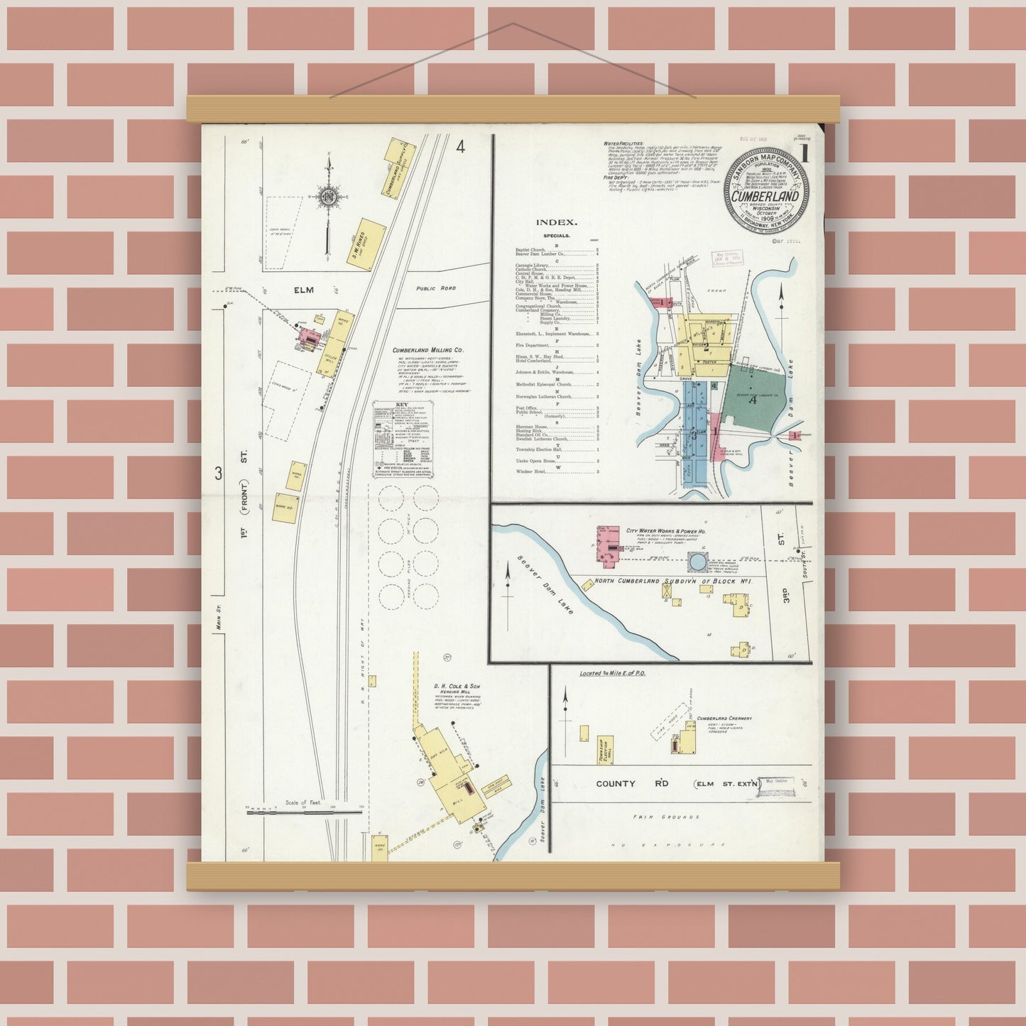 Old map wall art mockup — magnetic wood frame on brick wall — Sanborn Fire Insurance Map from Cumberland, Barron County, Wisconsin (1909) - Complete Map Set