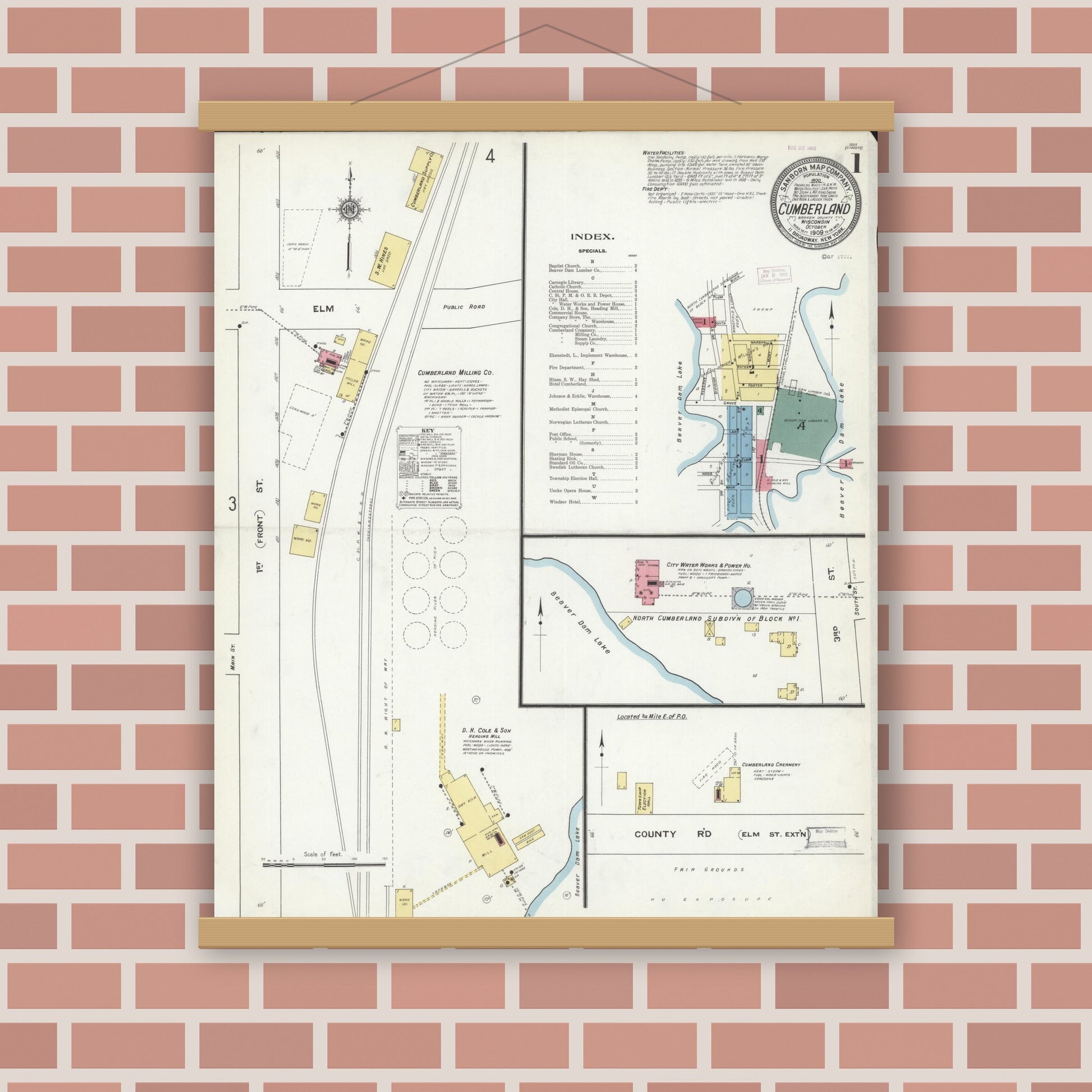 Old map wall art mockup — magnetic wood frame on brick wall — Sanborn Fire Insurance Map from Cumberland, Barron County, Wisconsin (1909) - Complete Map Set