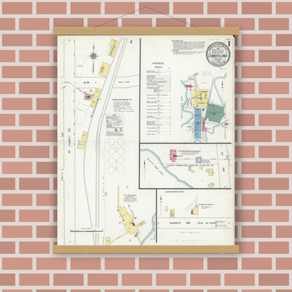 Old map wall art mockup — magnetic wood frame on brick wall — Sanborn Fire Insurance Map from Cumberland, Barron County, Wisconsin (1909) - Complete Map Set