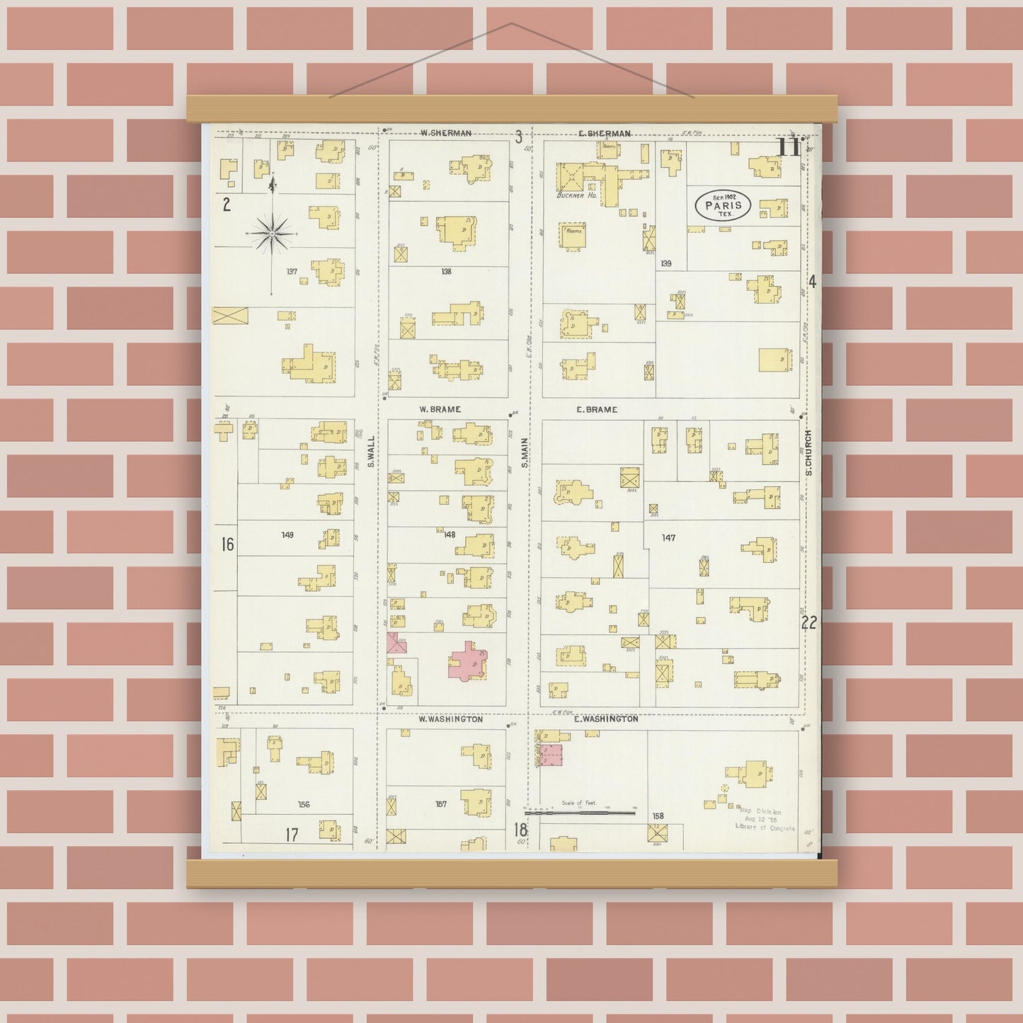 Old map wall art mockup — magnetic wood frame on brick wall — Sanborn Fire Insurance Map from Paris, Lamar County, Texas (1902), Sheet #0011