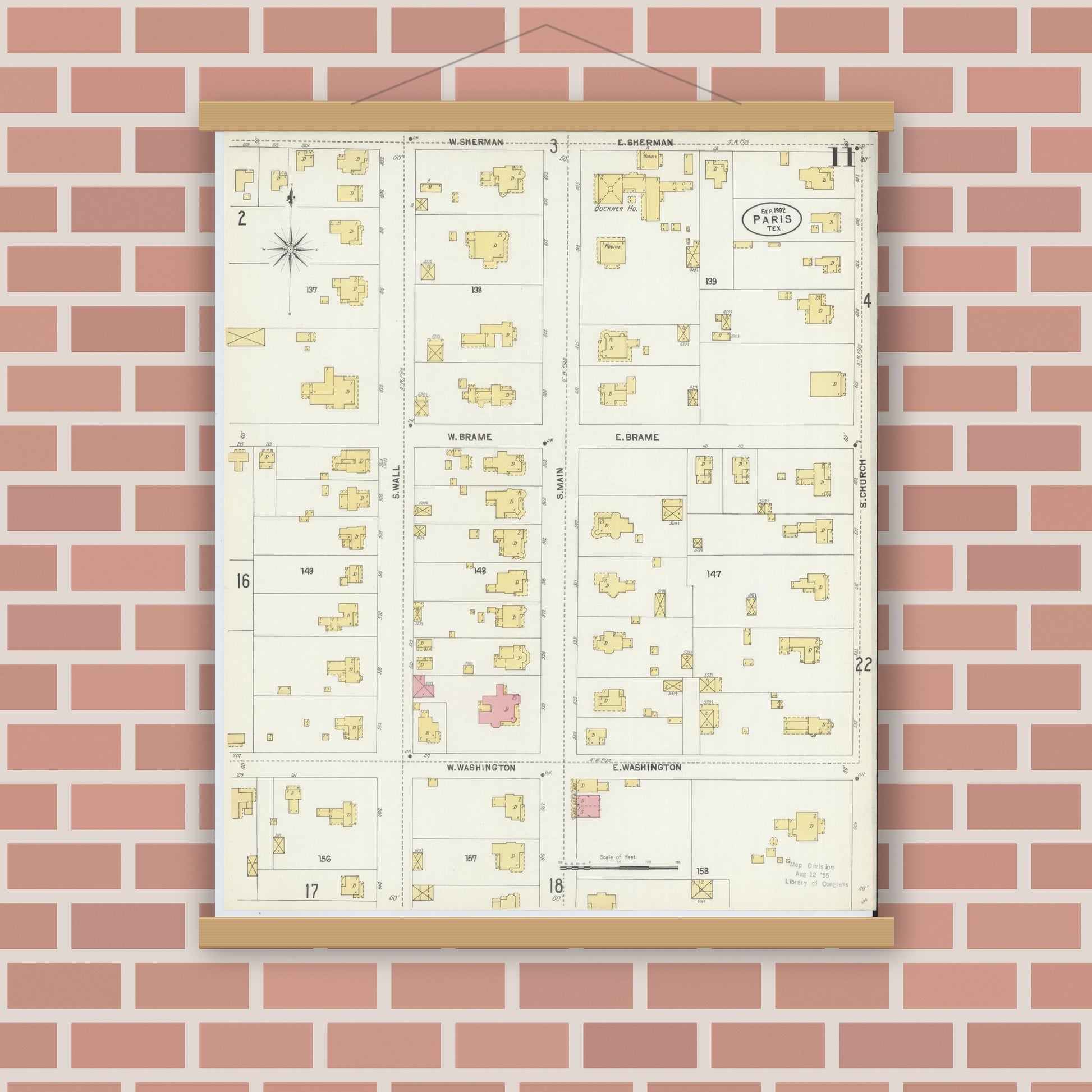 Old map wall art mockup — magnetic wood frame on brick wall — Sanborn Fire Insurance Map from Paris, Lamar County, Texas (1902), Sheet #0011
