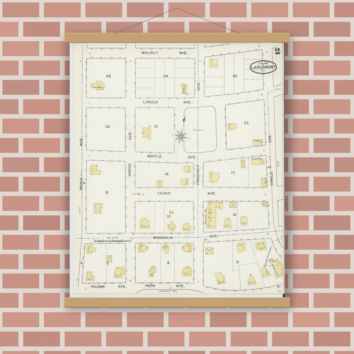 Old map wall art mockup — magnetic wood frame on brick wall — Sanborn Fire Insurance Map from Larchmont, Westchester County, New York (1893), Sheet #0002