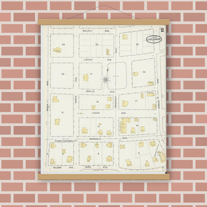 Old map wall art mockup — magnetic wood frame on brick wall — Sanborn Fire Insurance Map from Larchmont, Westchester County, New York (1893), Sheet #0002