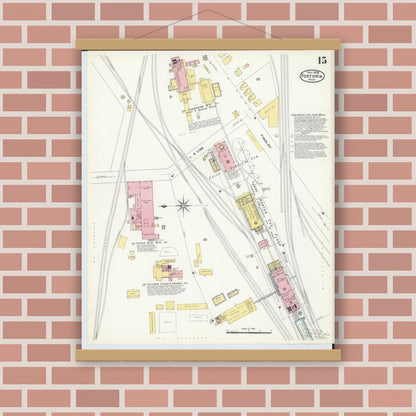 Old map wall art mockup — magnetic wood frame on brick wall — Sanborn Fire Insurance Map from Fostoria, Seneca, Hancock, And Wood Counties, Ohio (1908), Sheet #0015