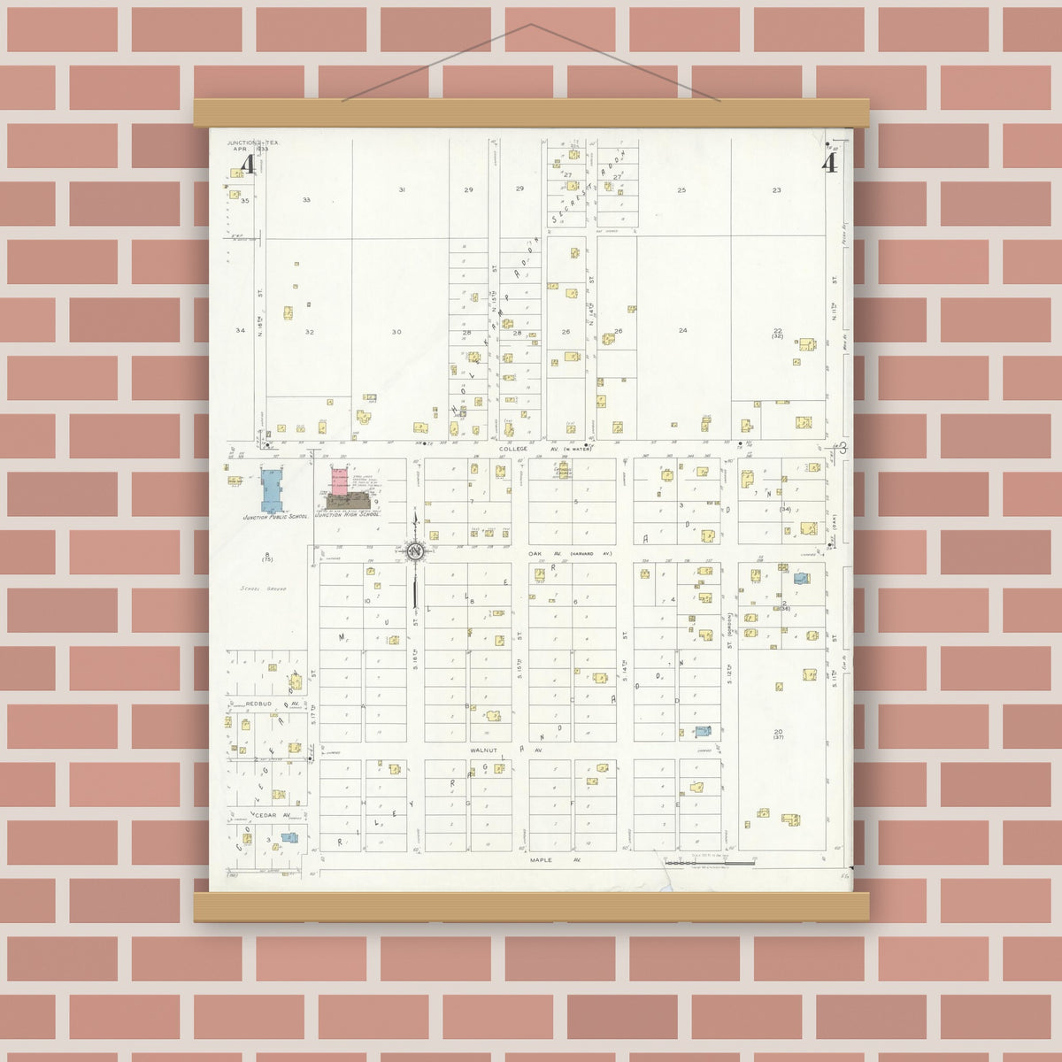 Old map wall art mockup — magnetic wood frame on brick wall — Sanborn Fire Insurance Map from Junction, Kimble County, Texas (1933), Sheet #0004