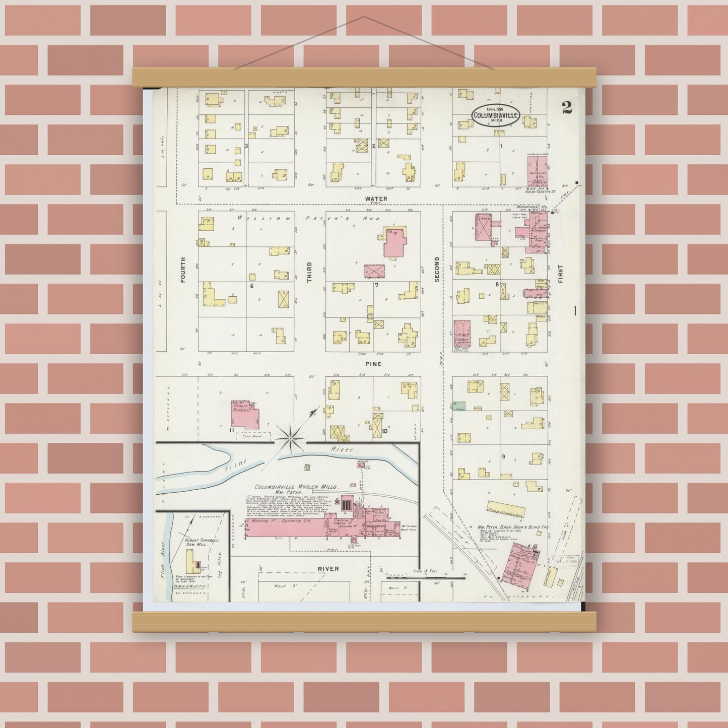 Old map wall art mockup — magnetic wood frame on brick wall — Sanborn Fire Insurance Map from Columbiaville, Lapeer County, Michigan (1898), Sheet #0002