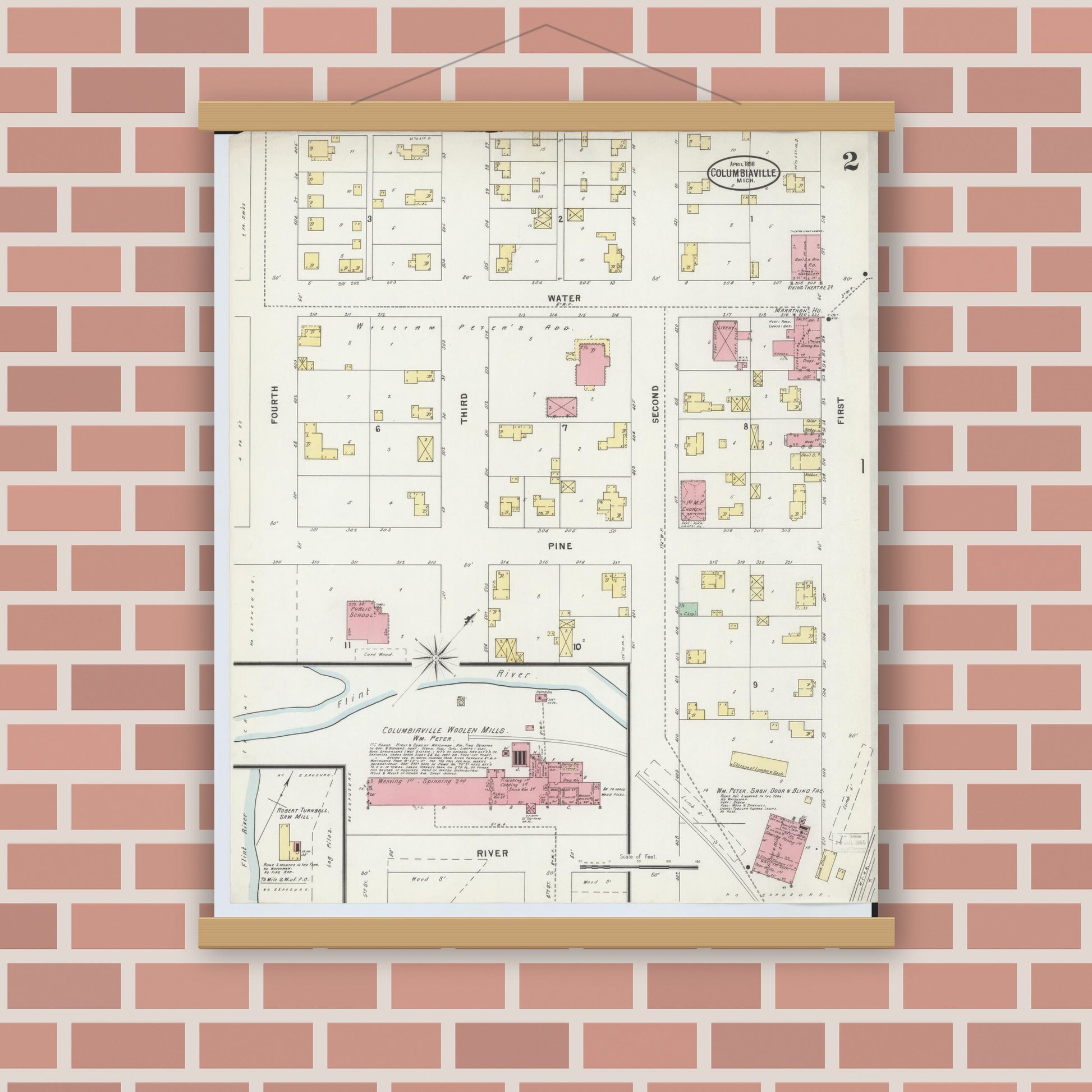 Old map wall art mockup — magnetic wood frame on brick wall — Sanborn Fire Insurance Map from Columbiaville, Lapeer County, Michigan (1898), Sheet #0002