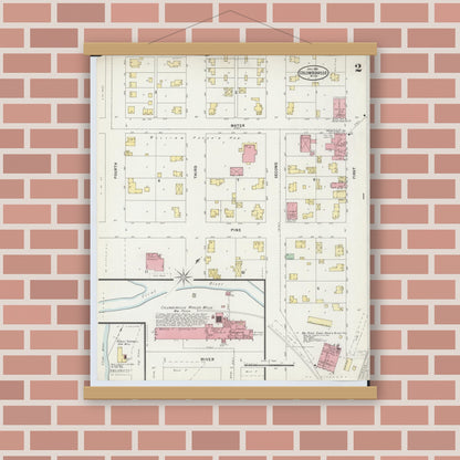 Old map wall art mockup — magnetic wood frame on brick wall — Sanborn Fire Insurance Map from Columbiaville, Lapeer County, Michigan (1898), Sheet #0002
