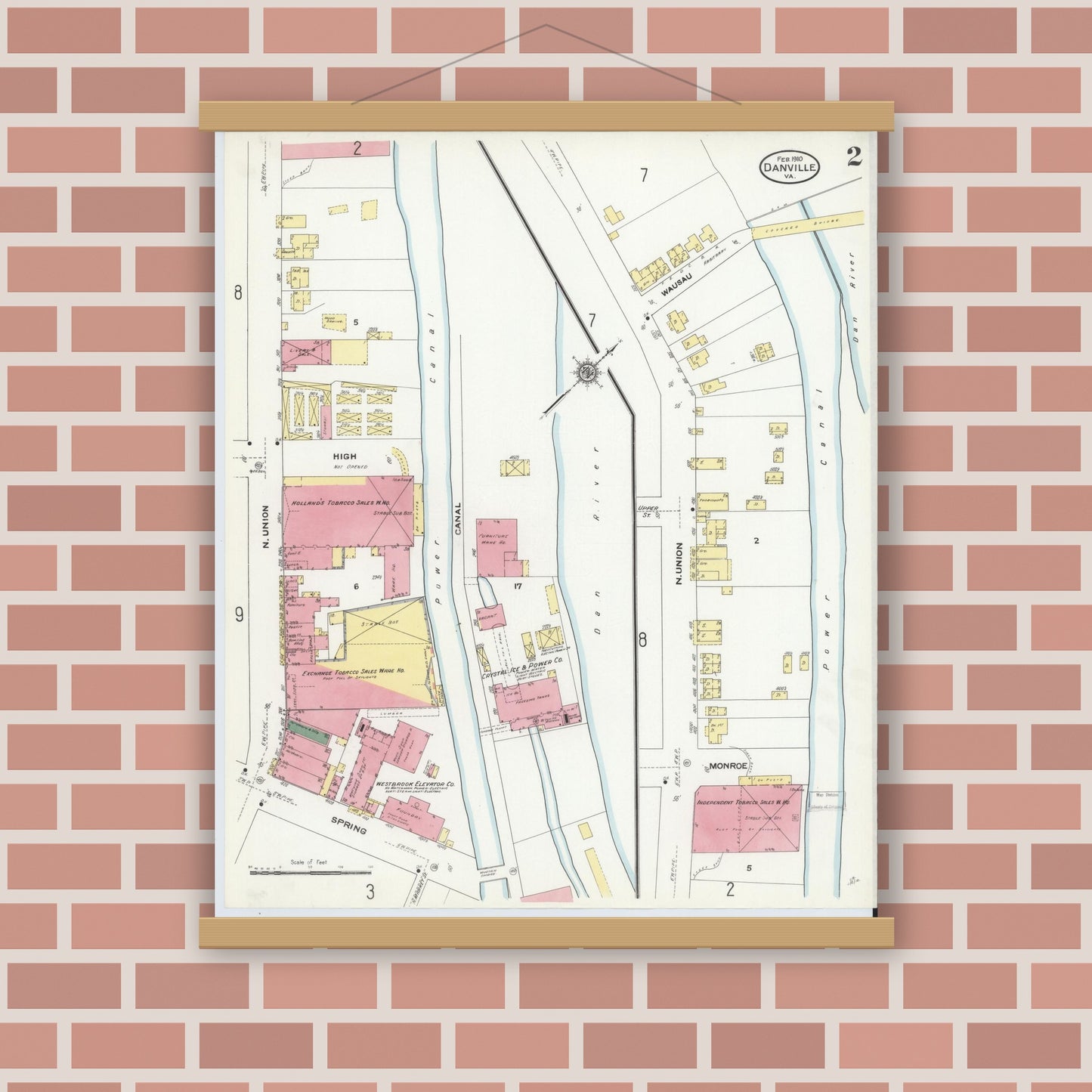 Old map wall art mockup — magnetic wood frame on brick wall — Sanborn Fire Insurance Map from Danville, Independent Cities, Virginia (1910), Sheet #0002