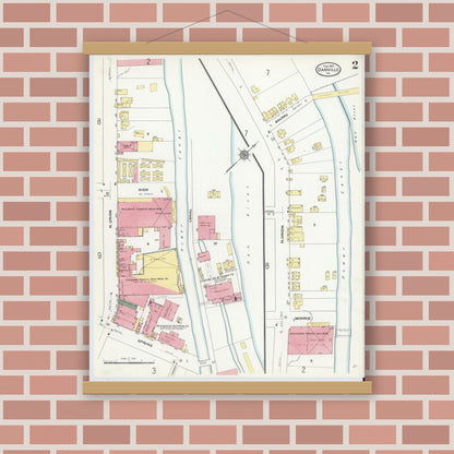 Old map wall art mockup — magnetic wood frame on brick wall — Sanborn Fire Insurance Map from Danville, Independent Cities, Virginia (1910), Sheet #0002