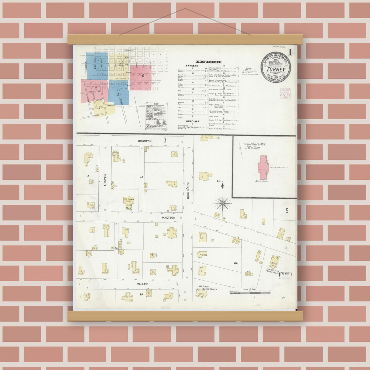 Old map wall art mockup — magnetic wood frame on brick wall — Sanborn Fire Insurance Map from Forney, Kaufman County, Texas (1906), Sheet #0001