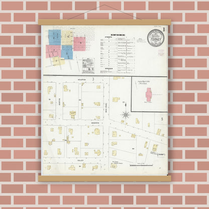 Old map wall art mockup — magnetic wood frame on brick wall — Sanborn Fire Insurance Map from Forney, Kaufman County, Texas (1906), Sheet #0001