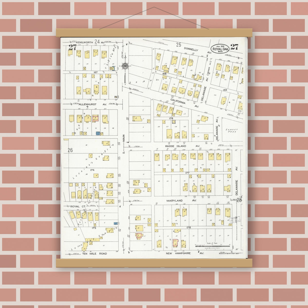 Old map wall art mockup — magnetic wood frame on brick wall — Sanborn Fire Insurance Map from Royal Oak, Oakland County, Michigan (1926), Sheet #0027