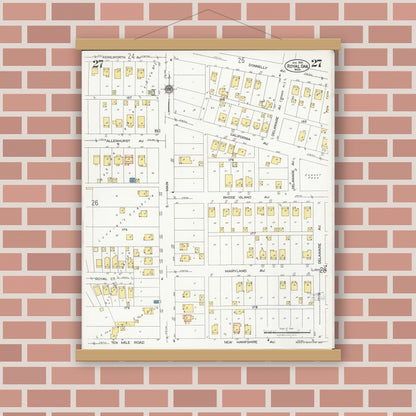 Old map wall art mockup — magnetic wood frame on brick wall — Sanborn Fire Insurance Map from Royal Oak, Oakland County, Michigan (1926), Sheet #0027