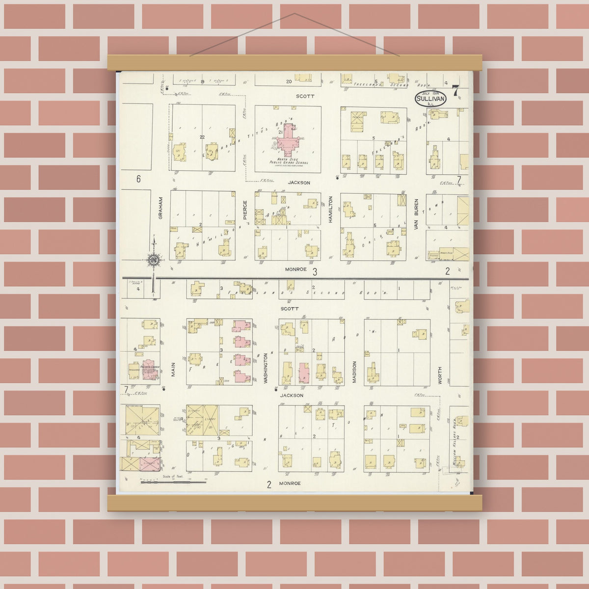 Old map wall art mockup — magnetic wood frame on brick wall — Sanborn Fire Insurance Map from Sullivan, Moultrie County, Illinois (1914), Sheet #0007