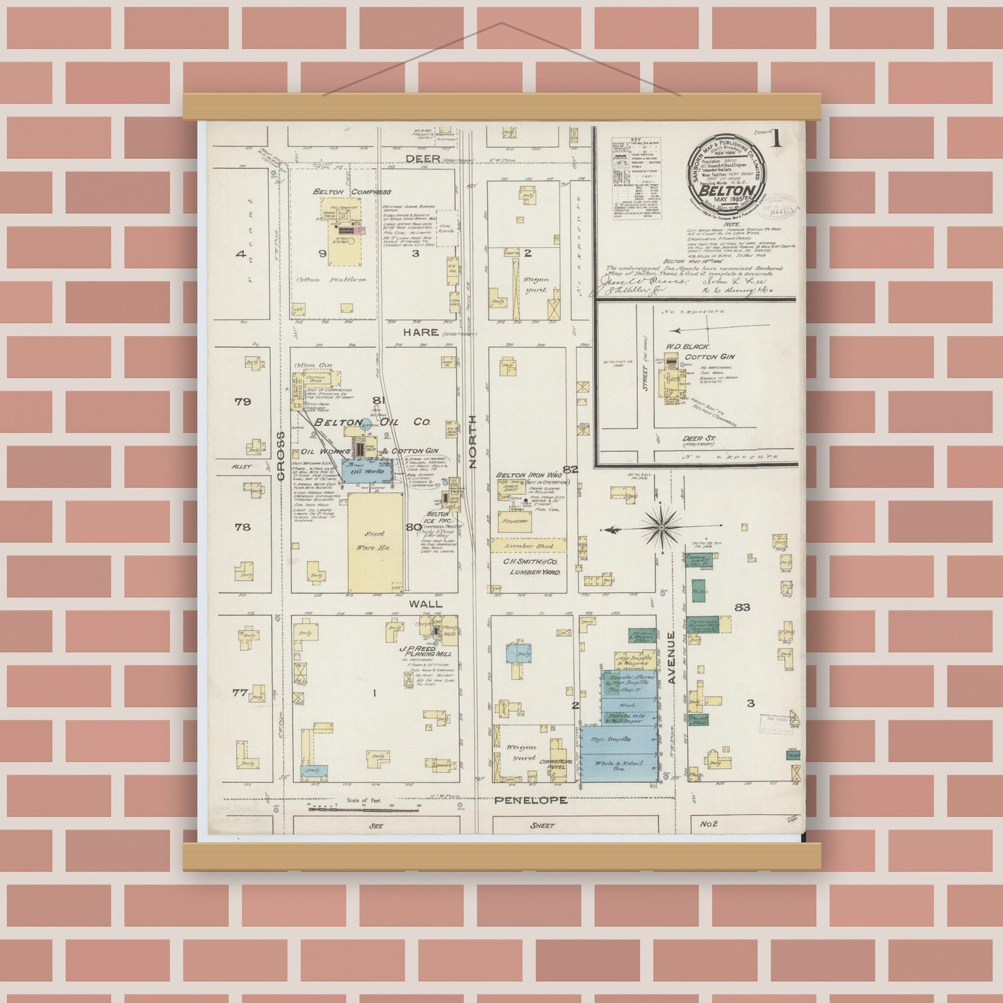 Old map wall art mockup — magnetic wood frame on brick wall — Sanborn Fire Insurance Map from Belton, Bell County, Texas (1885), Sheet #0001
