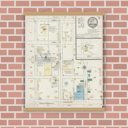 Old map wall art mockup — magnetic wood frame on brick wall — Sanborn Fire Insurance Map from Belton, Bell County, Texas (1885), Sheet #0001