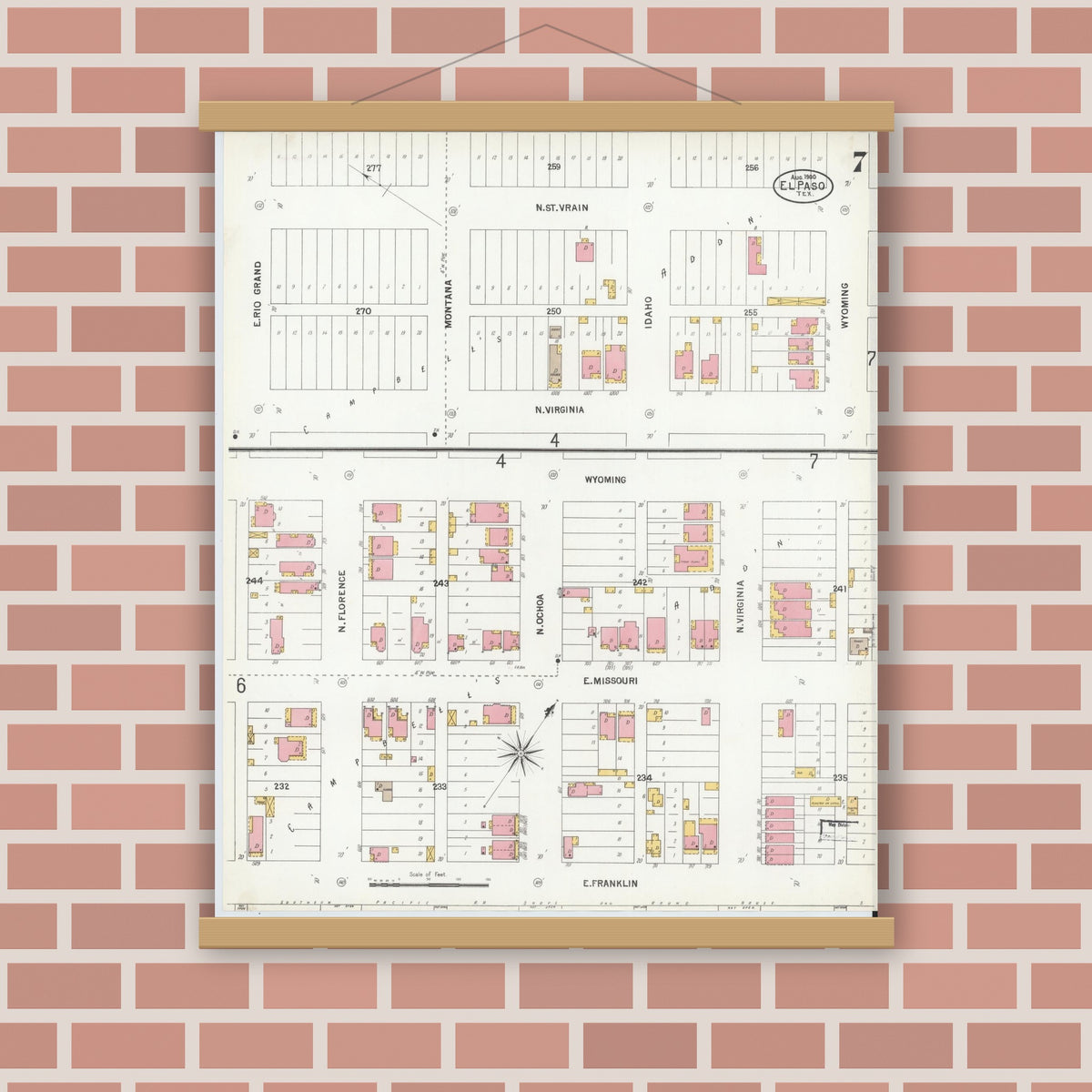 Old map wall art mockup — magnetic wood frame on brick wall — Sanborn Fire Insurance Map from El Paso, El Paso County, Texas (1900), Sheet #0007