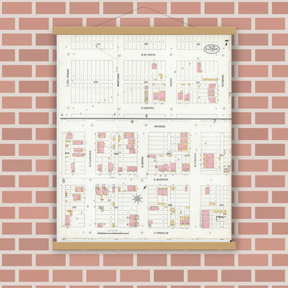 Old map wall art mockup — magnetic wood frame on brick wall — Sanborn Fire Insurance Map from El Paso, El Paso County, Texas (1900), Sheet #0007