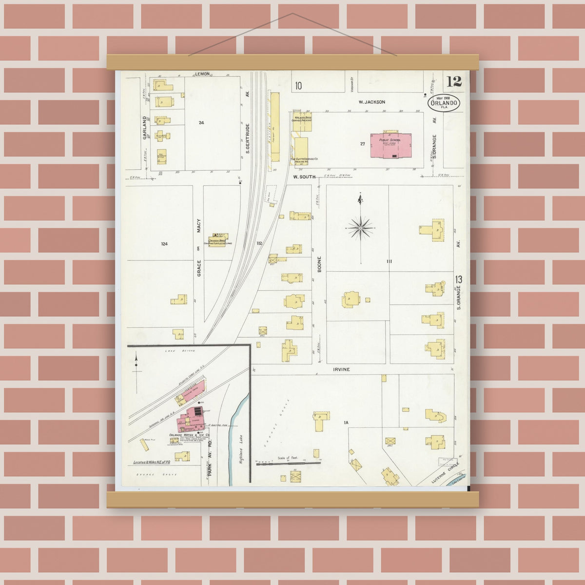 Old map wall art mockup — magnetic wood frame on brick wall — Sanborn Fire Insurance Map from Orlando, Orange County, Florida (1908), Sheet #0012