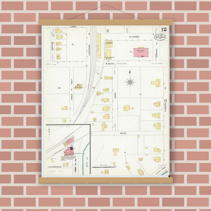 Old map wall art mockup — magnetic wood frame on brick wall — Sanborn Fire Insurance Map from Orlando, Orange County, Florida (1908), Sheet #0012