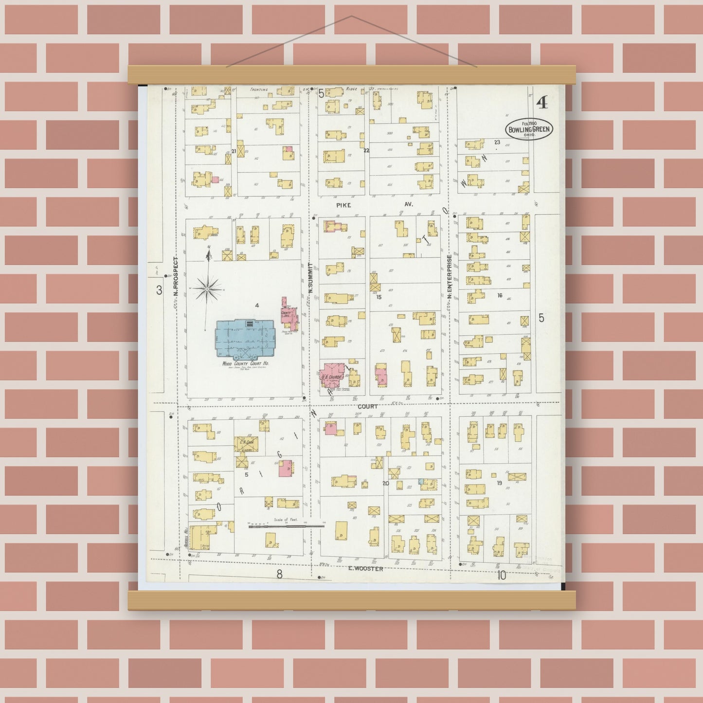 Old map wall art mockup — magnetic wood frame on brick wall — Sanborn Fire Insurance Map from Bowling Green, Wood County, Ohio (1900), Sheet #0004