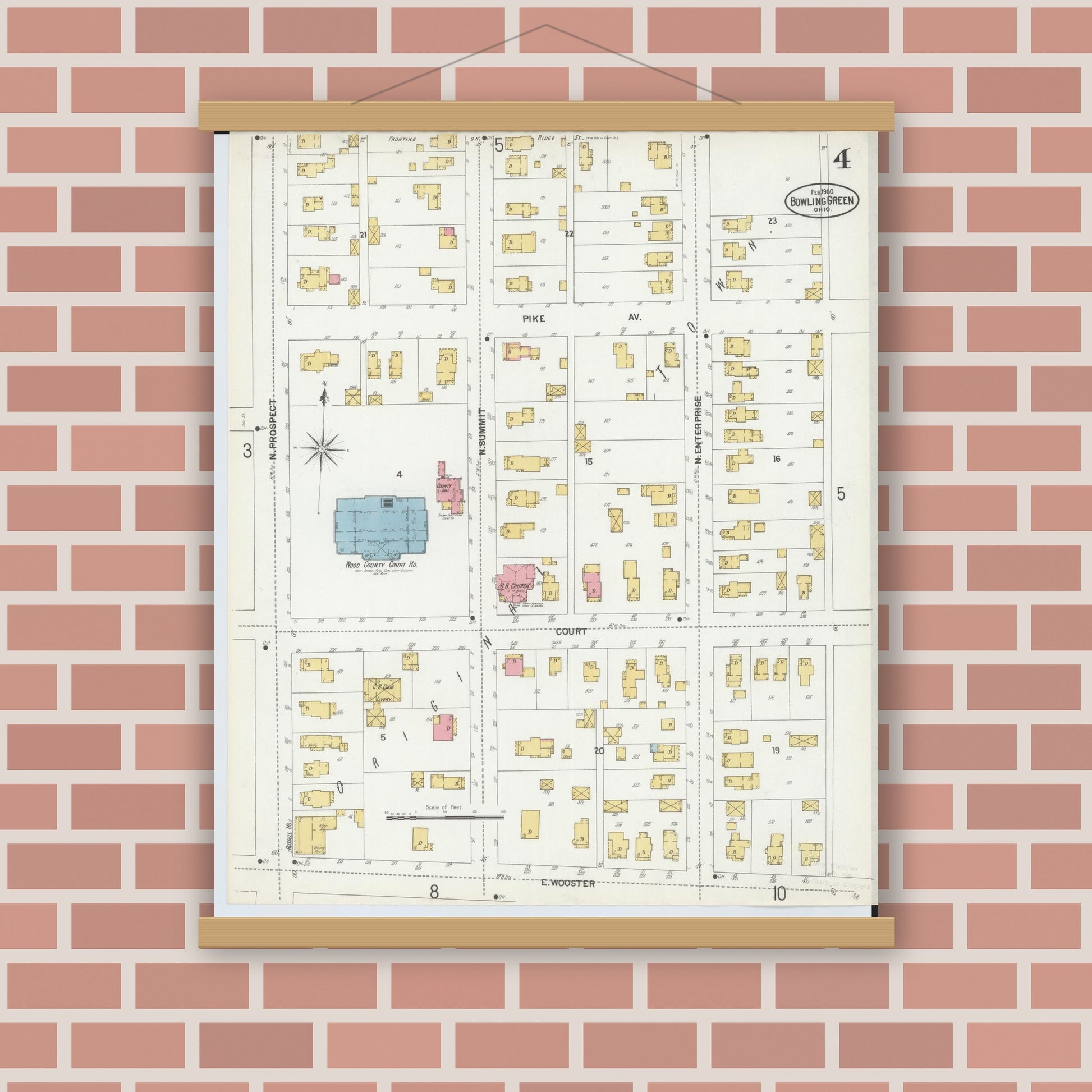 Old map wall art mockup — magnetic wood frame on brick wall — Sanborn Fire Insurance Map from Bowling Green, Wood County, Ohio (1900), Sheet #0004