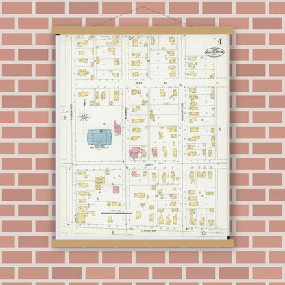 Old map wall art mockup — magnetic wood frame on brick wall — Sanborn Fire Insurance Map from Bowling Green, Wood County, Ohio (1900), Sheet #0004