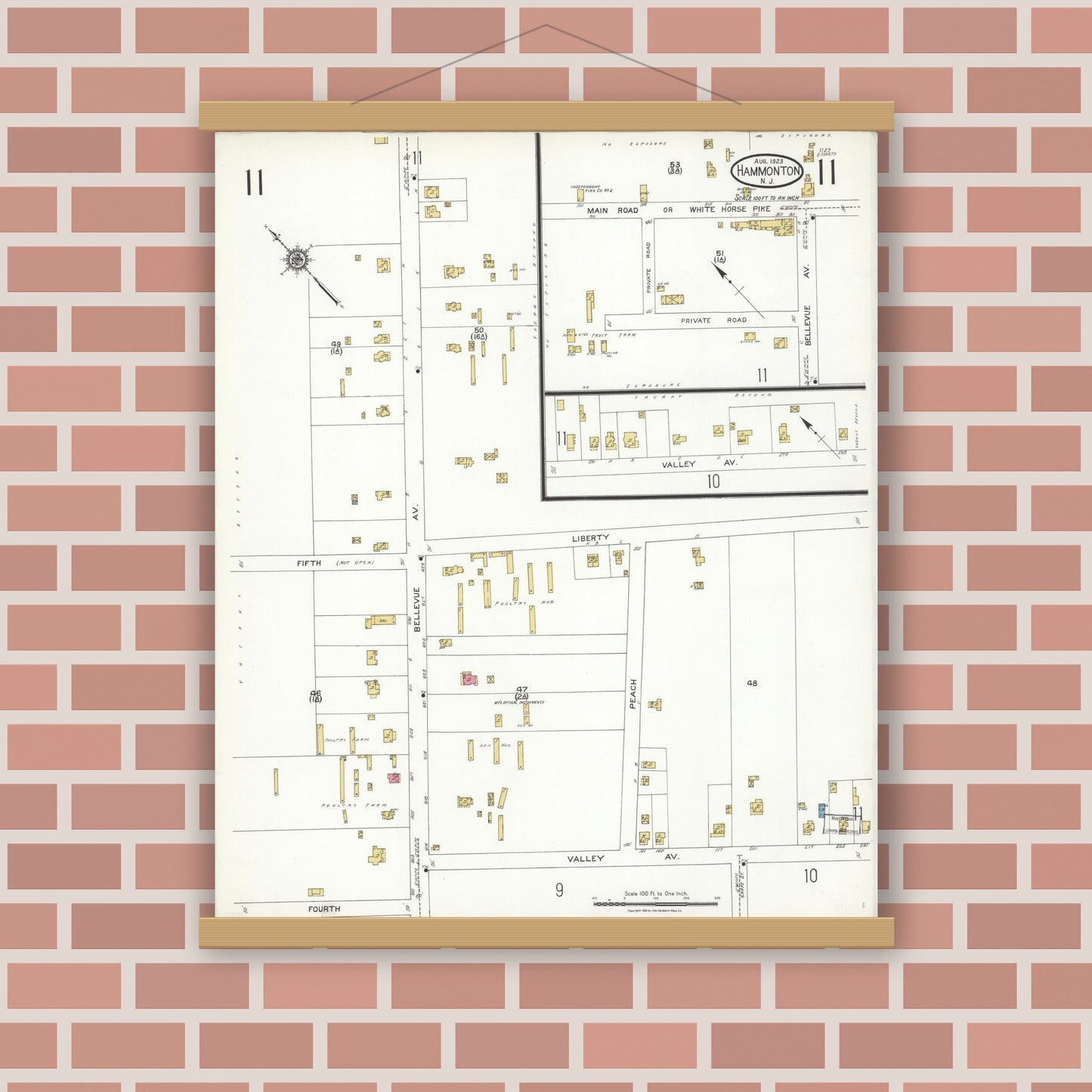 Old map wall art mockup — magnetic wood frame on brick wall — Sanborn Fire Insurance Map from Hammonton, Atlantic County, New Jersey (1923), Sheet #0011
