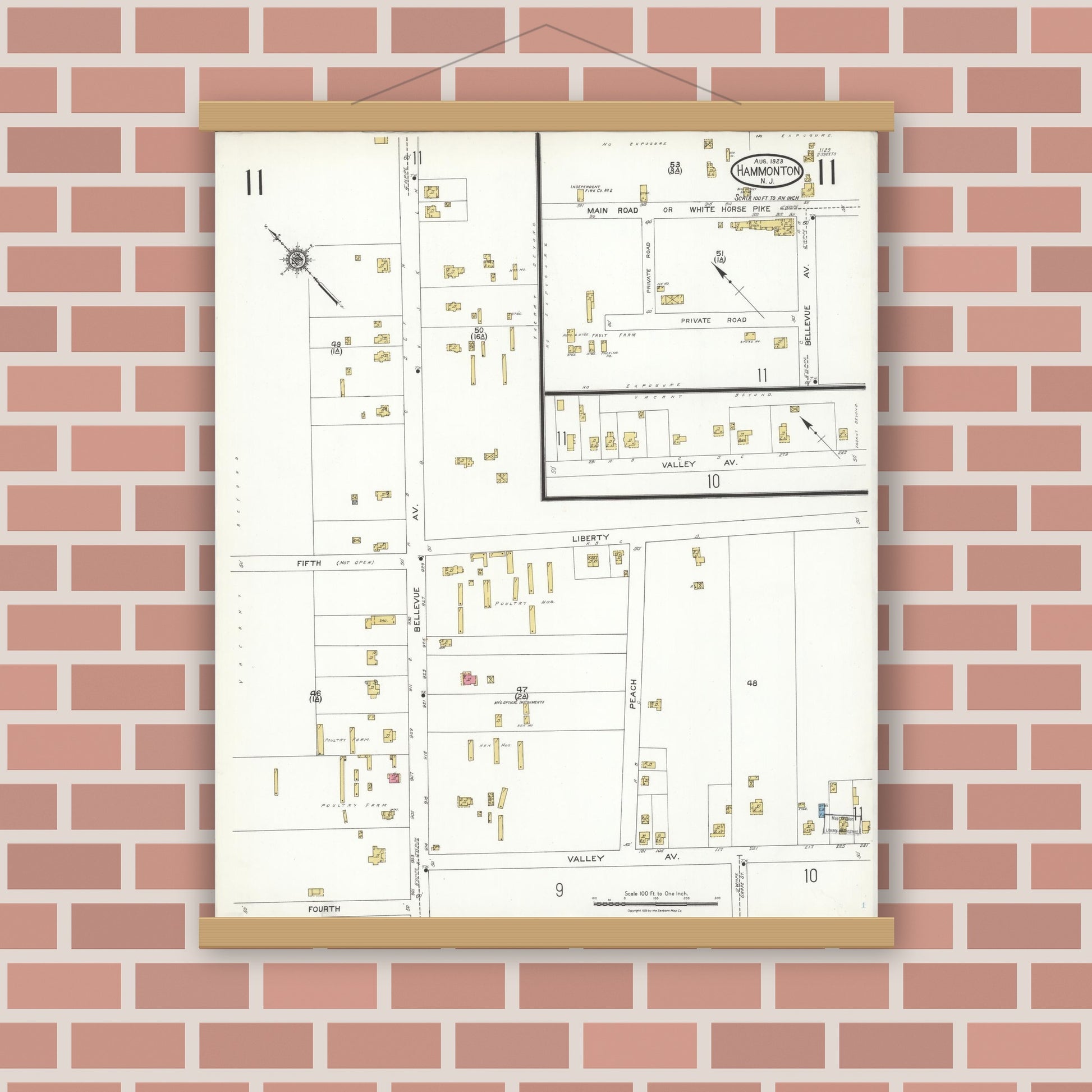 Old map wall art mockup — magnetic wood frame on brick wall — Sanborn Fire Insurance Map from Hammonton, Atlantic County, New Jersey (1923), Sheet #0011