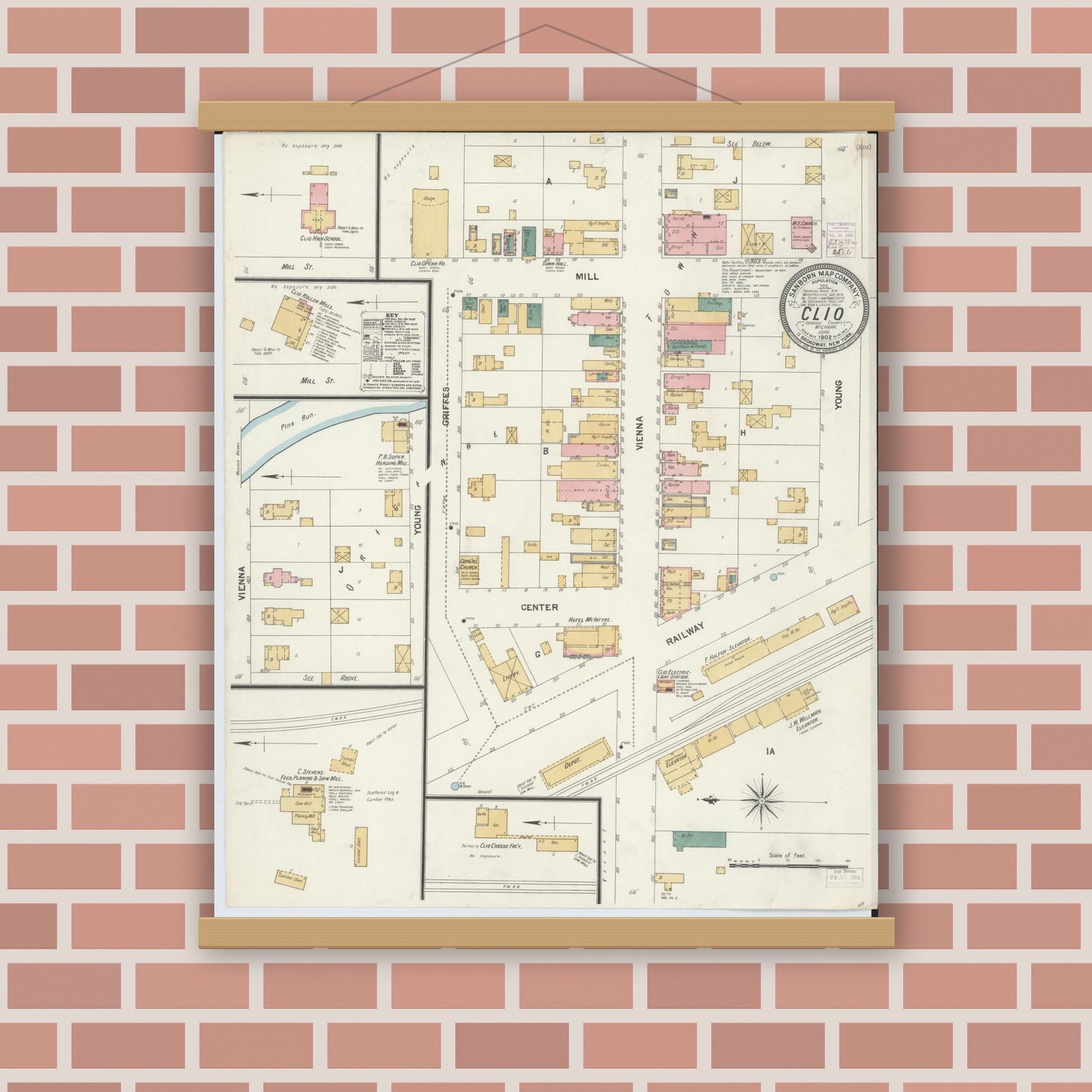Old map wall art mockup — magnetic wood frame on brick wall — Sanborn Fire Insurance Map from Clio, Genesee County, Michigan (1902), Sheet #0001