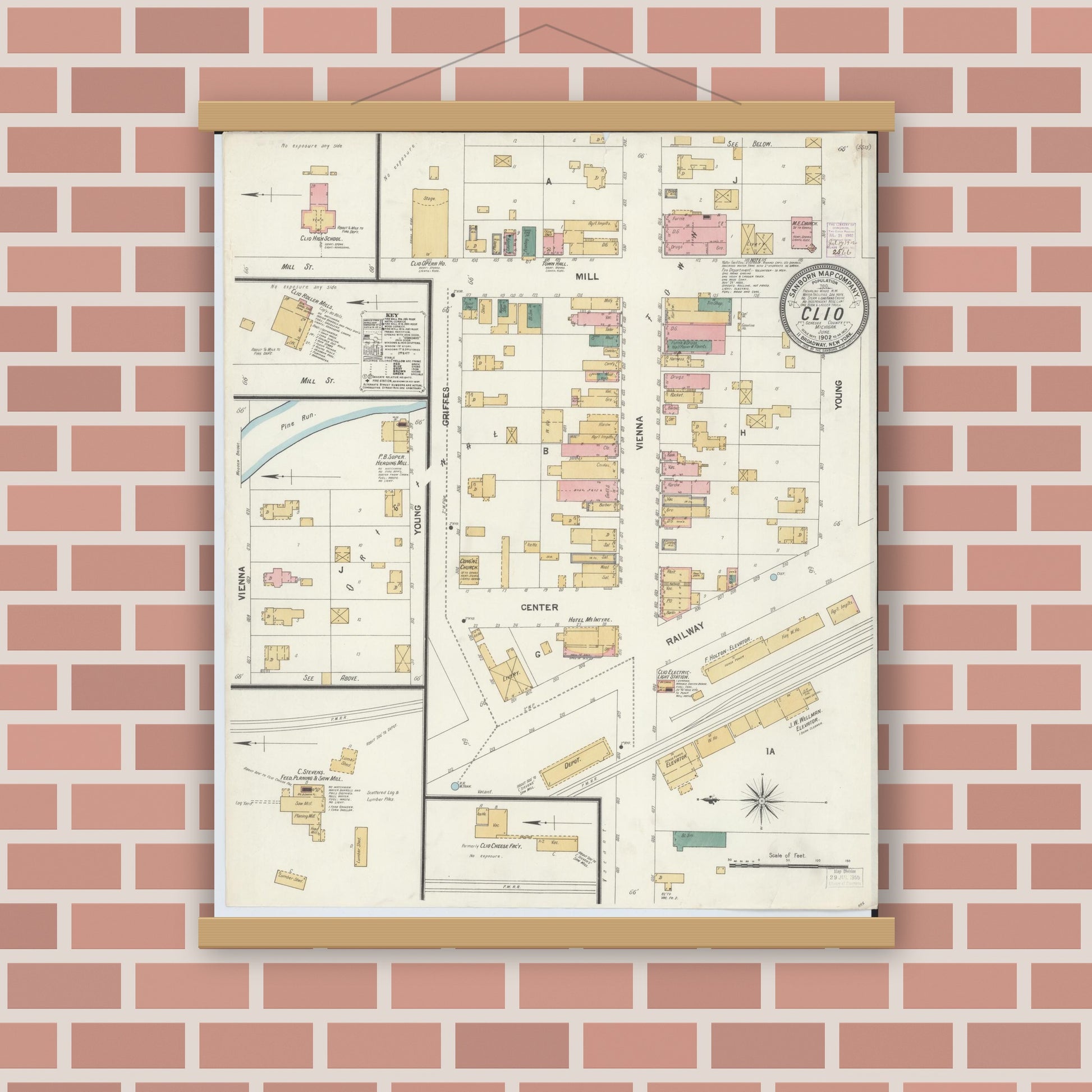 Old map wall art mockup — magnetic wood frame on brick wall — Sanborn Fire Insurance Map from Clio, Genesee County, Michigan (1902), Sheet #0001