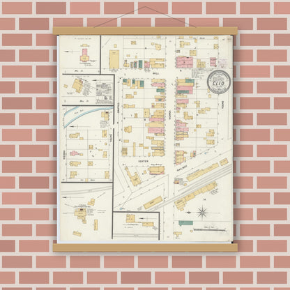 Old map wall art mockup — magnetic wood frame on brick wall — Sanborn Fire Insurance Map from Clio, Genesee County, Michigan (1902), Sheet #0001