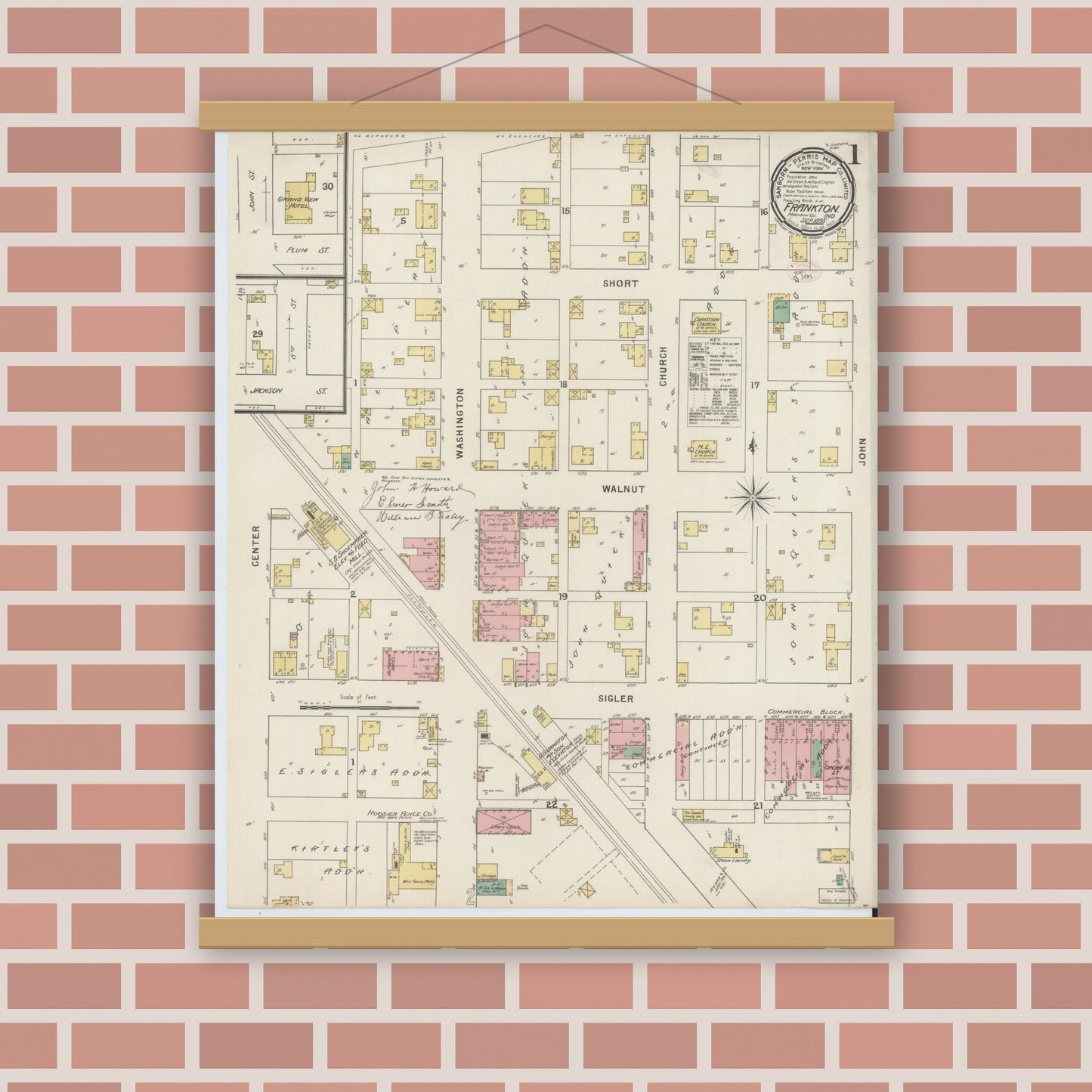 Old map wall art mockup — magnetic wood frame on brick wall — Sanborn Fire Insurance Map from Frankton, Madison County, Indiana (1895) - Complete Map Set