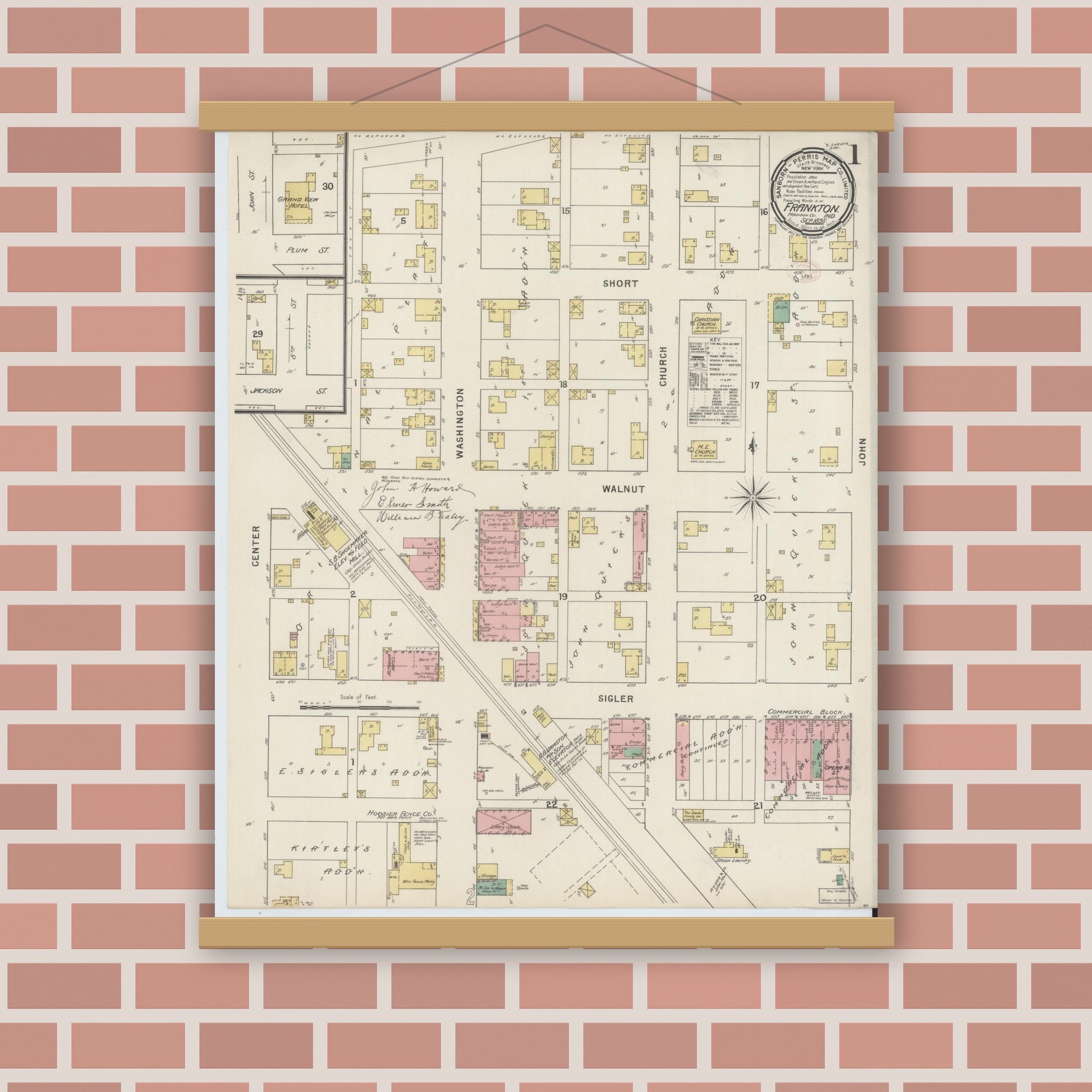 Old map wall art mockup — magnetic wood frame on brick wall — Sanborn Fire Insurance Map from Frankton, Madison County, Indiana (1895) - Complete Map Set