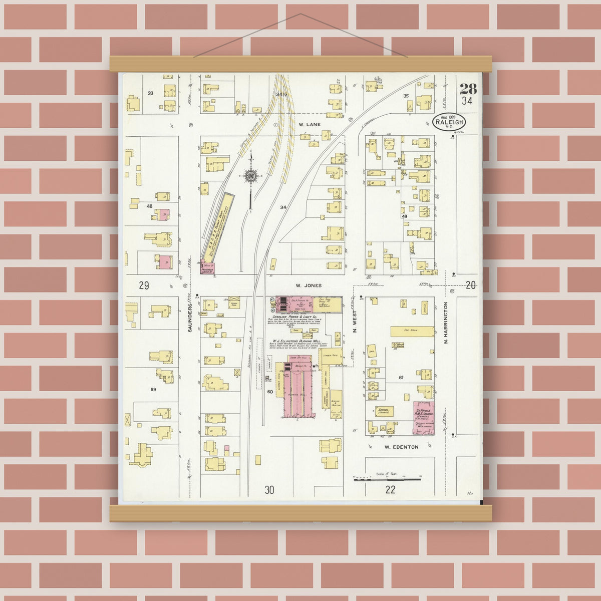 Old map wall art mockup — magnetic wood frame on brick wall — Sanborn Fire Insurance Map from Raleigh, Wake County, North Carolina (1909), Sheet #0028