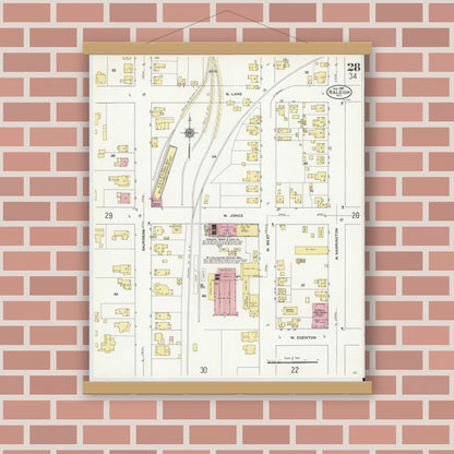 Old map wall art mockup — magnetic wood frame on brick wall — Sanborn Fire Insurance Map from Raleigh, Wake County, North Carolina (1909), Sheet #0028