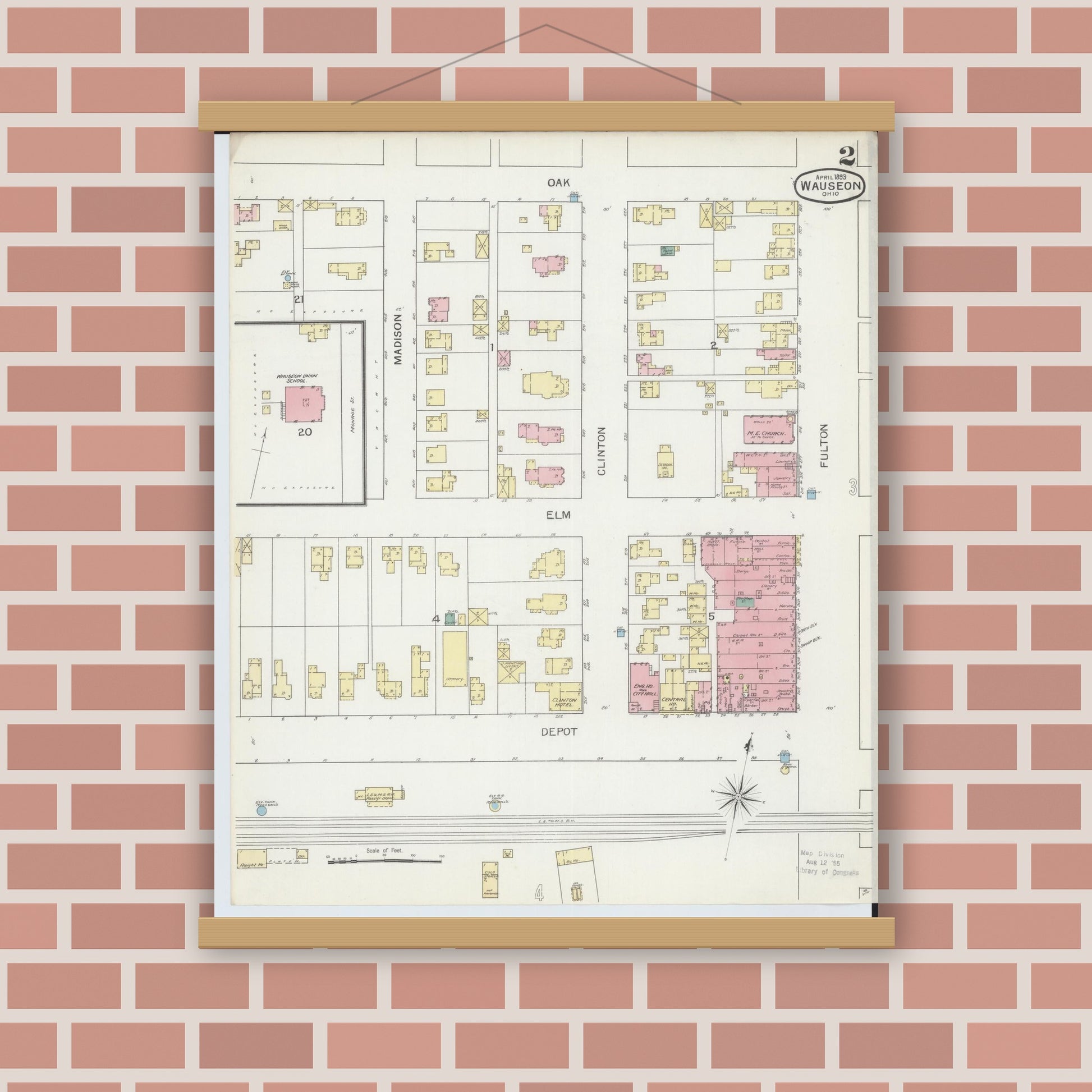 Old map wall art mockup — magnetic wood frame on brick wall — Sanborn Fire Insurance Map from Wauseon, Fulton County, Ohio (1893), Sheet #0002