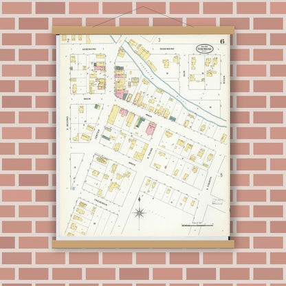 Old map wall art mockup — magnetic wood frame on brick wall — Sanborn Fire Insurance Map from Sebewaing, Huron County, Michigan (1909), Sheet #0006