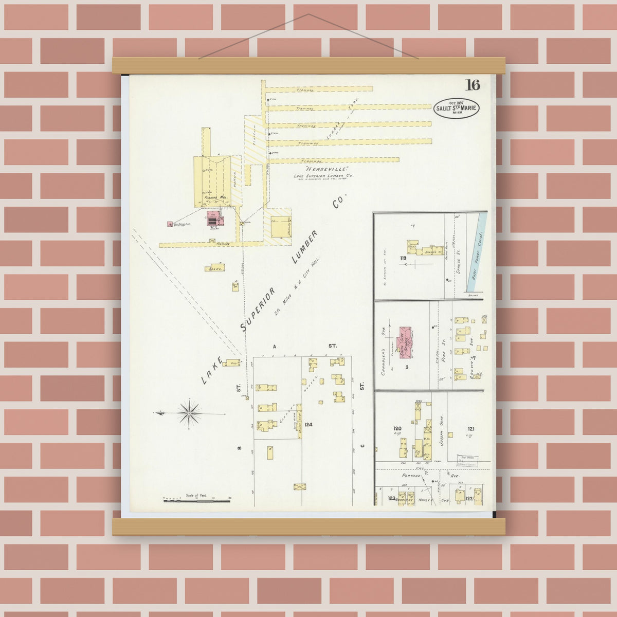 Old map wall art mockup — magnetic wood frame on brick wall — Sanborn Fire Insurance Map from Sault Sainte Marie, Chippewa County, Michigan (1897), Sheet #0016