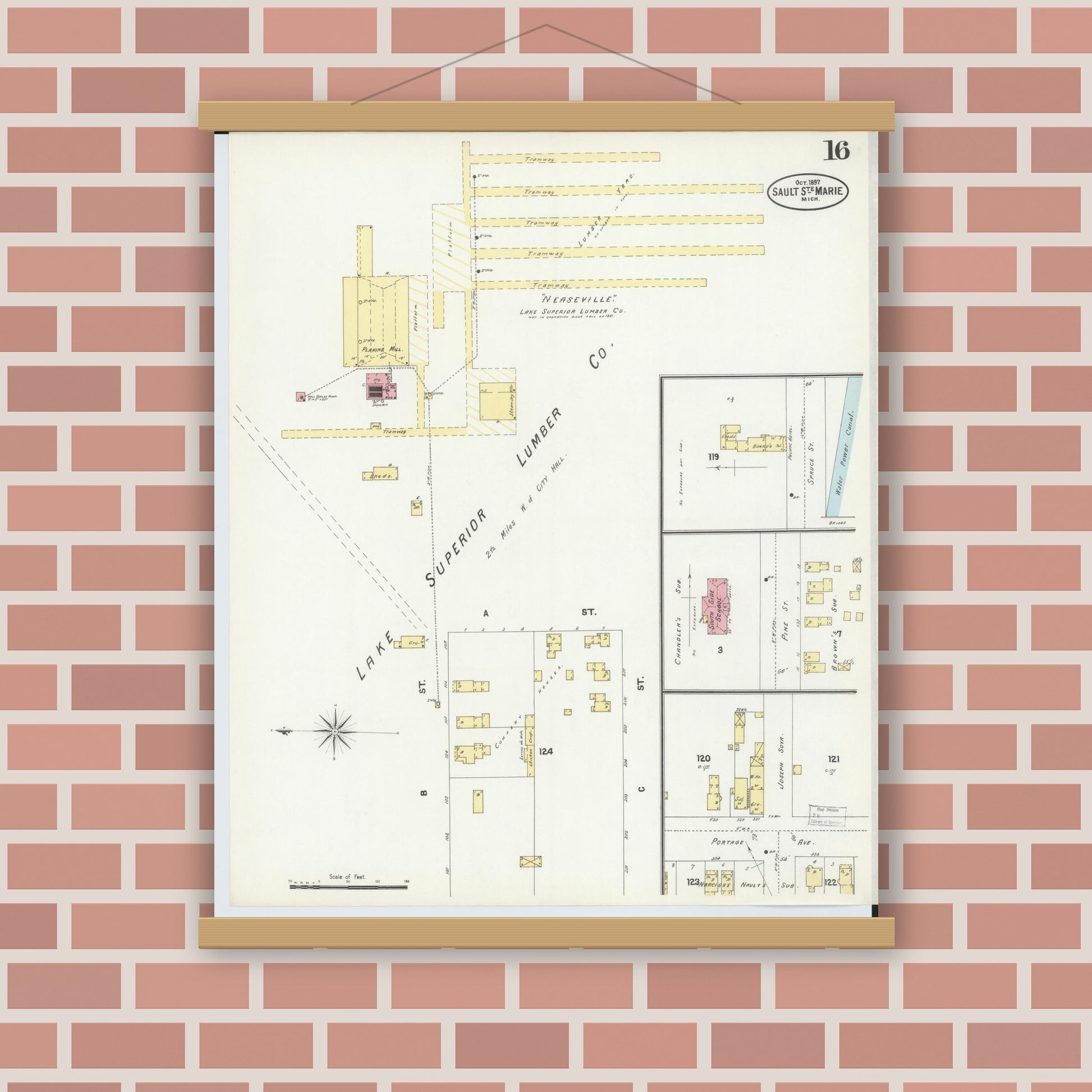 Old map wall art mockup — magnetic wood frame on brick wall — Sanborn Fire Insurance Map from Sault Sainte Marie, Chippewa County, Michigan (1897), Sheet #0016