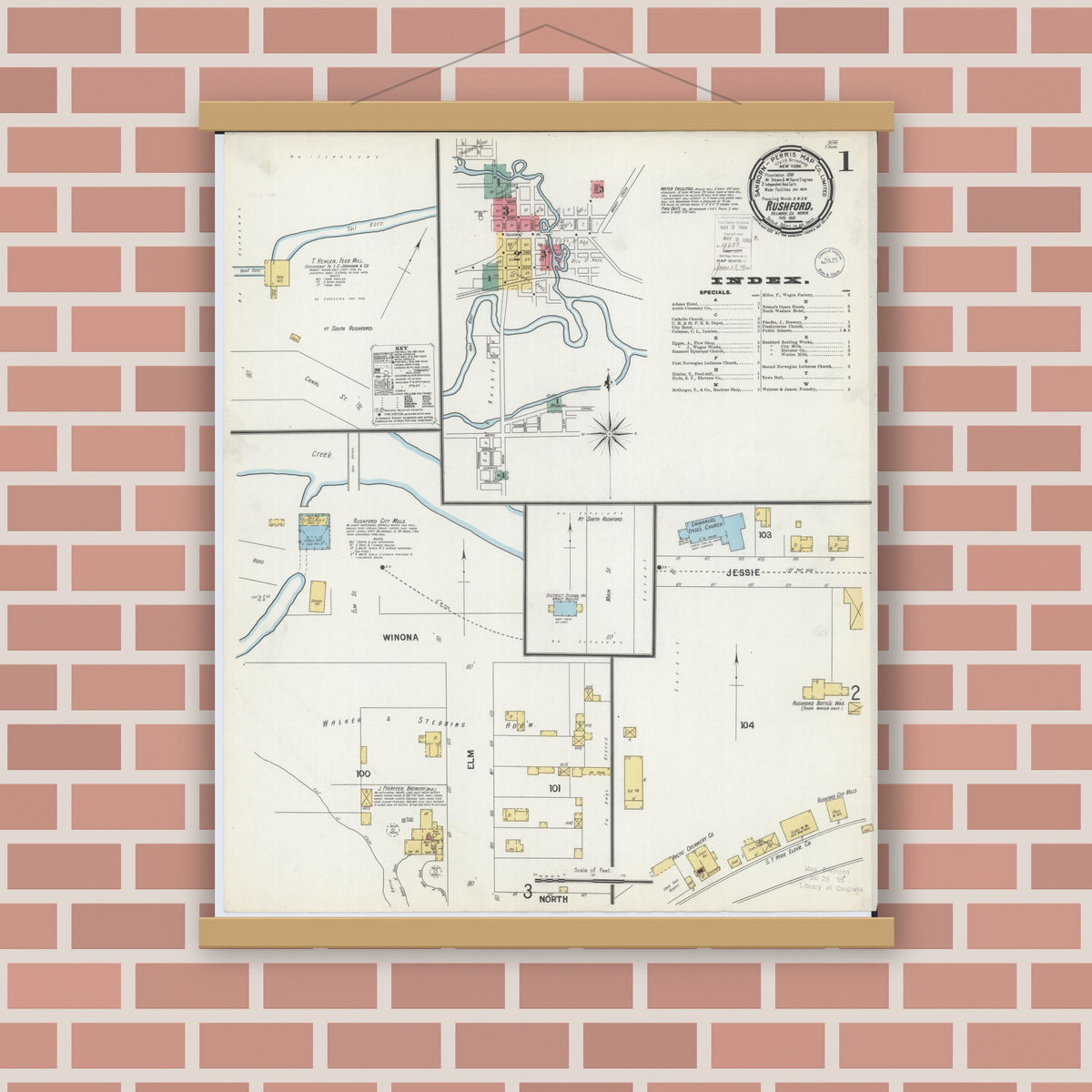 Old map wall art mockup — magnetic wood frame on brick wall — Sanborn Fire Insurance Map from Rushford, Fillmore County, Minnesota (1900), Sheet #0001