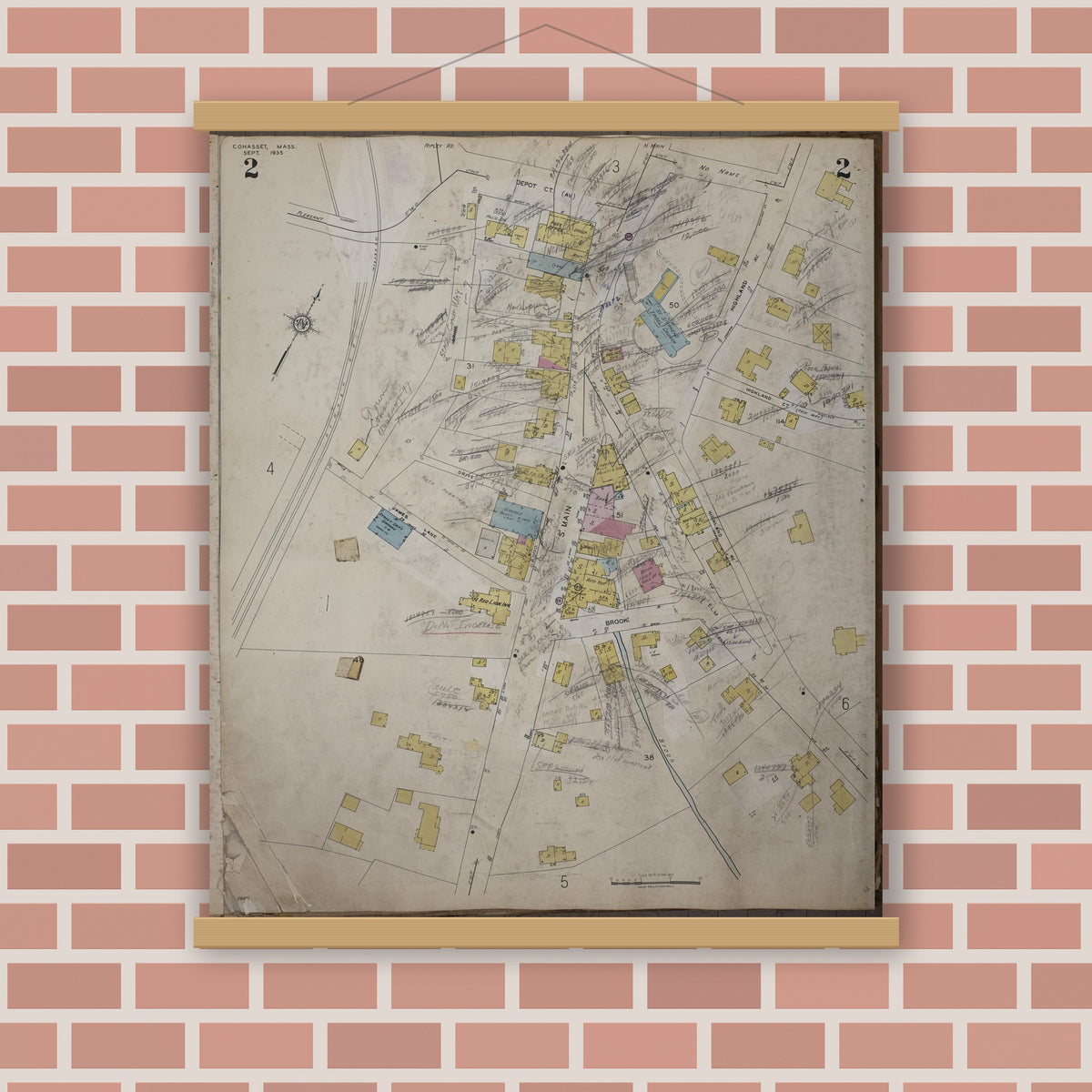 Old map wall art mockup — magnetic wood frame on brick wall — Sanborn Fire Insurance Map from Cohasset, Norfolk County, Massachusetts (1952), Sheet #0002