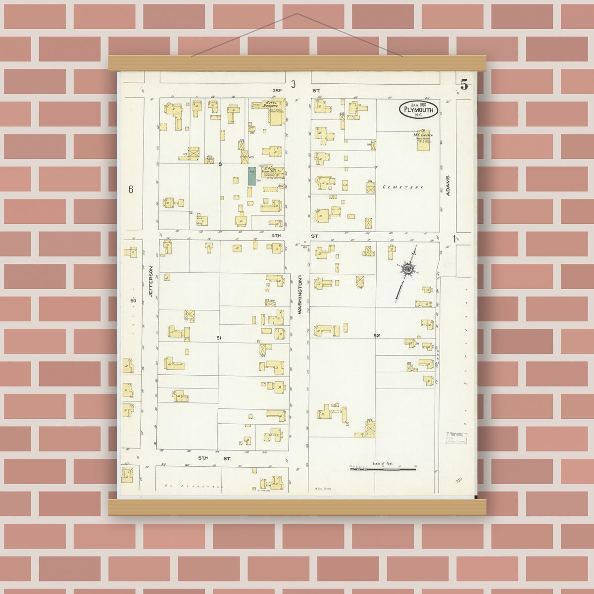 Old map wall art mockup — magnetic wood frame on brick wall — Sanborn Fire Insurance Map from Plymouth, Washington County, North Carolina (1910), Sheet #0005