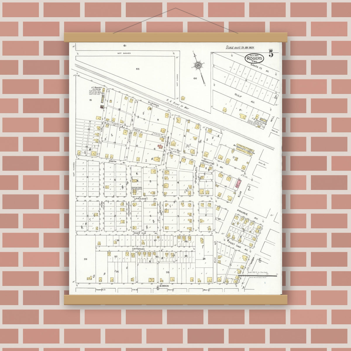 Old map wall art mockup — magnetic wood frame on brick wall — Sanborn Fire Insurance Map from Rogers, Bell County, Texas (1921), Sheet #0005