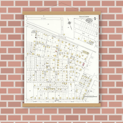 Old map wall art mockup — magnetic wood frame on brick wall — Sanborn Fire Insurance Map from Rogers, Bell County, Texas (1921), Sheet #0005