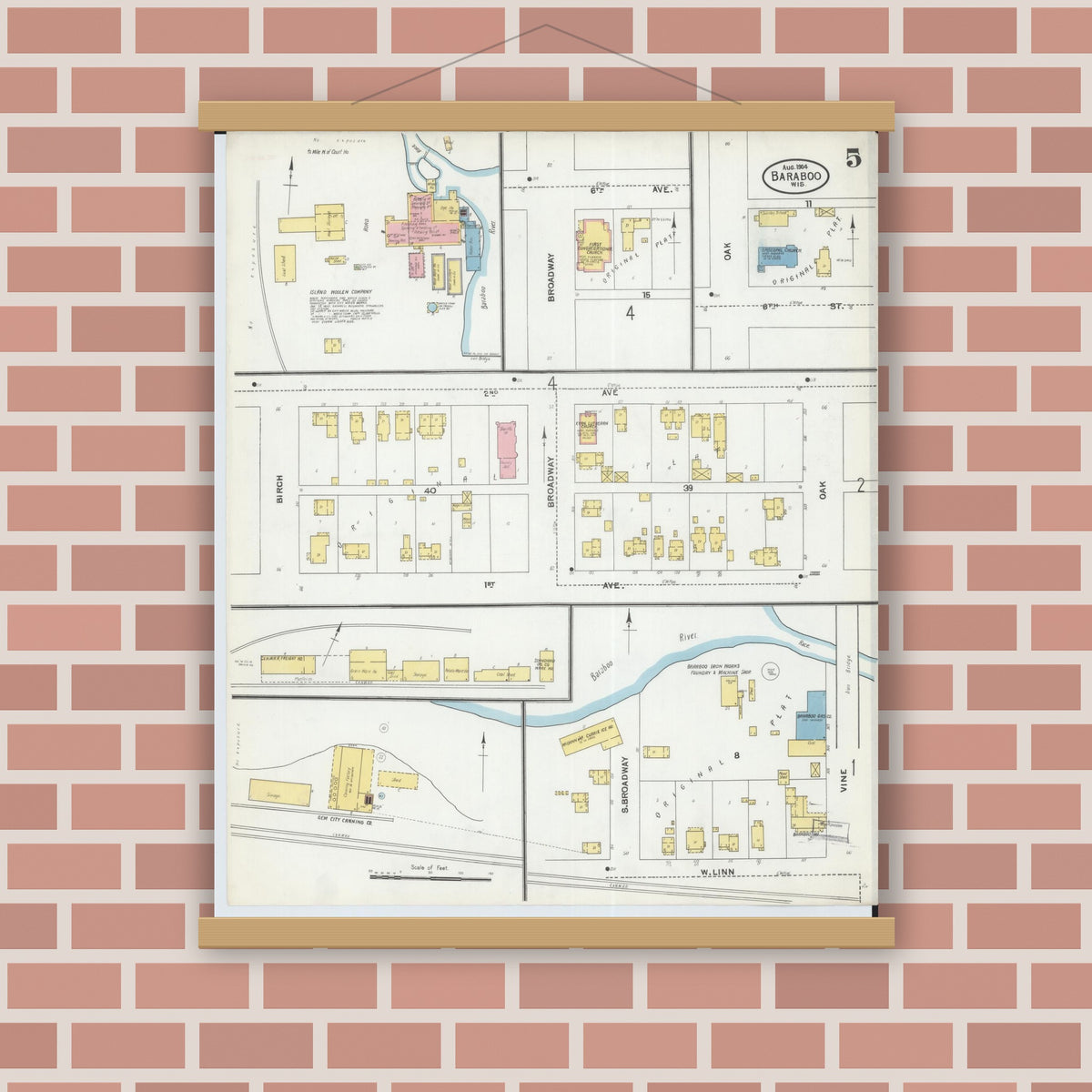 Old map wall art mockup — magnetic wood frame on brick wall — Sanborn Fire Insurance Map from Baraboo, Sauk County, Wisconsin (1904), Sheet #0005