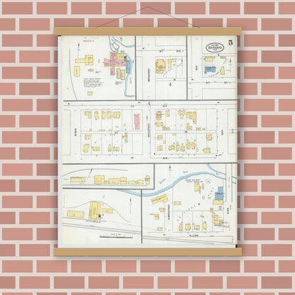 Old map wall art mockup — magnetic wood frame on brick wall — Sanborn Fire Insurance Map from Baraboo, Sauk County, Wisconsin (1904), Sheet #0005