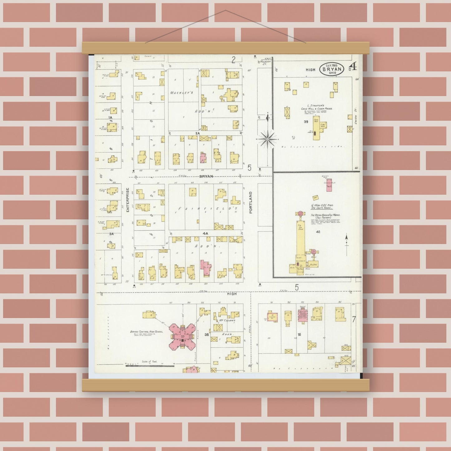 Old map wall art mockup — magnetic wood frame on brick wall — Sanborn Fire Insurance Map from Bryan, Williams County, Ohio (1905), Sheet #0004